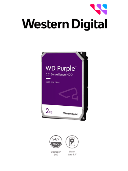 WESTERN DIGITAL WD23PURZ - Disco duro de 2TB / Serie Purple para videovigilancia / Trabajo 24/7/ Interface: Sata 6 Gb/s/ Hasta 64 Cámaras/ Hasta 8 Bahías de Discos Duros/ 3 Años de Garantía #BFWD