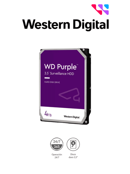 WESTERN DIGITAL WD43PURZ - Disco Duro de 4TB Purple/ Especial para Videovigilancia/ Trabajo 24/7/ Interface: Sata 6 Gb/s/ Hasta 64 Cámaras/ Hasta 16 Bahías de Discos Duros/ 180Mb/S /3 Años de Garantía