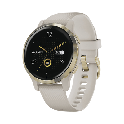 Reloj Garmin Venu 2S color beige en bisel de acero inoxidable, con funciones premium como almacenamiento y reproducción de hasta 2000 canciones.