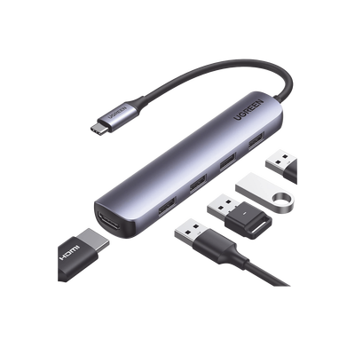 HUB USB-C a 4 Puertos USB 3.0 + HDMI 4K@30Hz / USB 3.0 a 5Gbps / Caja de Aluminio / 5 en 1