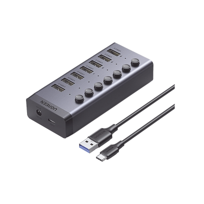 HUB de 7 Puertos USB 3.0  / 4 puertos de Carga Inteligente / Interruptor Individual / Indicadores LED / USB 3.0 a 5Gbps / 1 USB-C Hembra (solo datos) / Incluye Adaptador de Corriente 12V 2A / 7 en 1