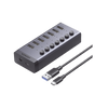 HUB de 7 Puertos USB 3.0  / 4 puertos de Carga Inteligente / Interruptor Individual / Indicadores LED / USB 3.0 a 5Gbps / 1 USB-C Hembra (solo datos) / Incluye Adaptador de Corriente 12V 2A / 7 en 1