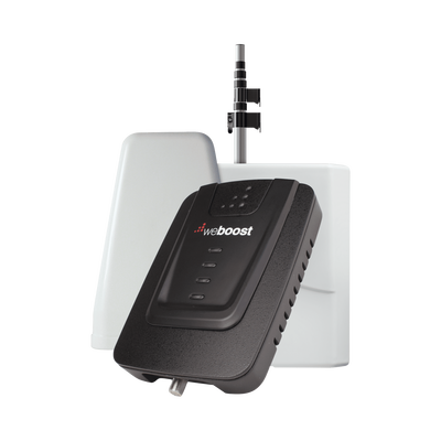 Kit de Amplificador de Señal Celular para Vehículo Recreacional u Oficina Móvil | 4G LTE 3G y 2G | 65 dB de Ganancia | Incluye Mástil Telescópico para Antena Exterior