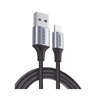 Cable USB-A a Lightning / Certificado MFi  / 1 Metro / Adecuado para iPhone, iPad y iPod / Carga y Sincronización de Datos /  Velocidad de hasta 480 Mbps / 5V 2.4 A/ Caja de Aluminio + Nylon Trenzado