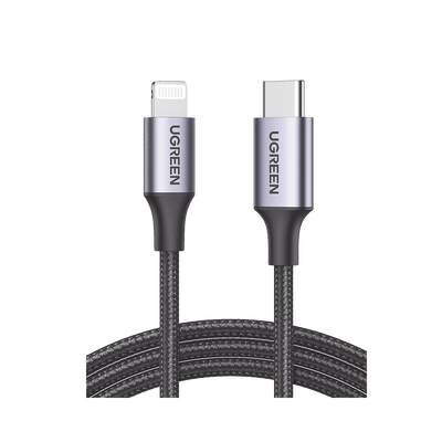 Cable USB-C a Lightning / Certificado MFi  / 1 Metro / Adecuado para iPhone, iPad y iPod / Carga y Sincronización de Datos /  Velocidad 480 Mbps / PD Carga Rápida 3A máx. / Caja de Aluminio + Nylon Trenzado