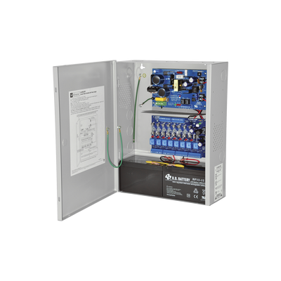 Fuente para aplicaciones en control de acceso, y detección de incendio, con capacidad de respaldo para 12 y 24 Vcc @ 4 A , con 8 circuitos de control ( NO ) y 8 circuitos de control trigger voltaje de entrada de : 115 Vca, requiere batería.