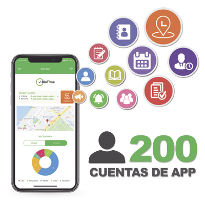 Licencia para realizar checadas de asistencia desde Smartphone (APP) con envío de fotografía y ubicación por GPS / Compatible con BIOTIMEPRO / Licencia para 200 usuario