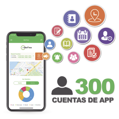 Licencia para realizar checadas de asistencia desde Smartphone (APP) con envío de fotografía y ubicación por GPS / Compatible con BIOTIMEPRO / Licencia para 300 usuario