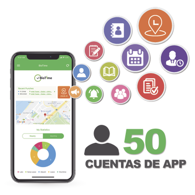 Licencia para realizar checadas de asistencia desde Smartphone (APP) con envío de fotografía y ubicación por GPS / Compatible con BIOTIMEPRO / Licencia para 50 usuario
