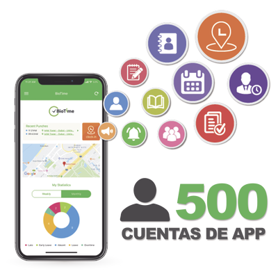 Licencia para realizar checadas de asistencia desde Smartphone (APP) con envío de fotografía y ubicación por GPS / Compatible con BIOTIMEPRO / Licencia para 500 usuarios