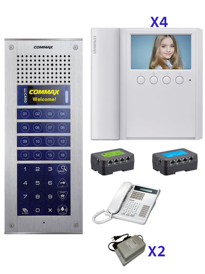 COMMAX CMV43PAK - Paquete de solución de videoportero departamental con 4 monitores CDV43A, frente de calle, distribuidores, fuente de alimentación y Estación de guardia para comunicación con apartamentos