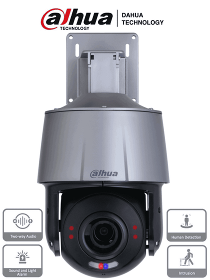 DAHUA SD3A405-GN-PV1 - PTZ IP DE 4 Megapixeles con 5x de Zoom Optico/ Disuasión Activa con Estrobo de Luz Roja y Azul/ H.265/ IR de 30 Metros/ Micrófono y Altavoz Integrado/ Audio 2 Vías/ IVS/ Ranura para MicroSD/ IP66/ PoE/