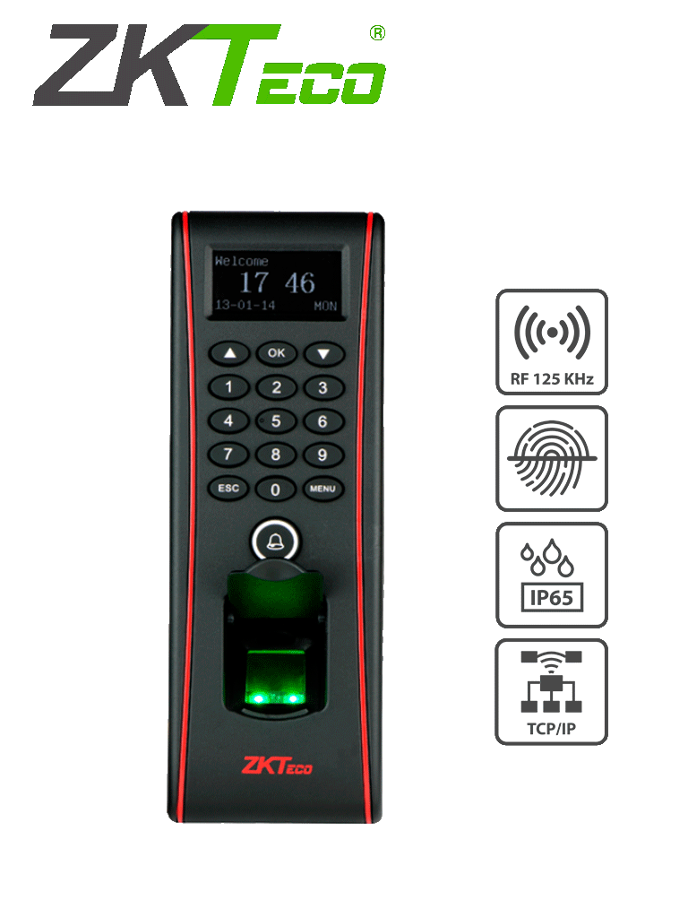 ZKTECO TF1700 - Control de Acceso Exterior de Huella, Tarjeta y Contraseña / Soporta 3000 Huellas / 10000 Tarjetas  RFID 125 khz / Almacena 30000 Registros / Conexión TCPIP / USB / Compatible con Software ZK Access 3.5