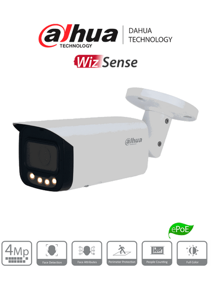 DAHUA DH-IPC-HFW5449T-ASE-LED - Cámara IP Bullet Full Color de 4 Megapixeles/ Lente de 2.8 mm/ 60 Metros de Iluminación/  Micrófono Integrado/ Detección Facial/ Conteo de Personas/ Protección Perimetral/ ePoE/ IP67/ E&S de Alarma/ Ranura para Micro SD