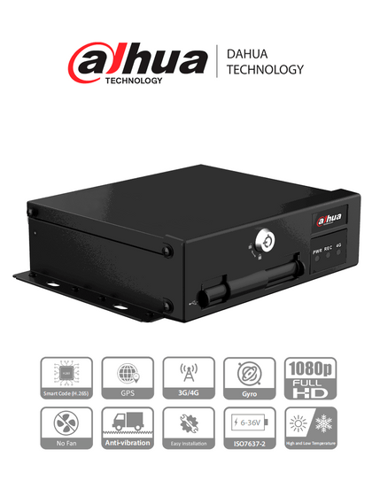 DAHUA DHI-MXVR1004-GFI - DVR Movil de 4 Canales con Inteligencia Artificial 1080p/ 4G/ H.265/ Soporta 2 Tarjetas SD/ Soporta DSM/ADAS/BSD/  Comunicación 3G y 4G/ No tiene WiFi/