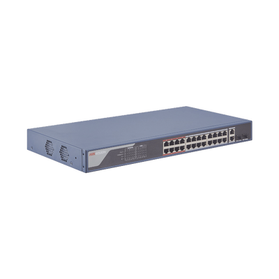 Smart Switch PoE+ Administrable / 24 puertos 10/100 Mbps PoE+ (hasta 300 m) + 2 puertos 10/100/1000Mbps + 2 Puertos SFP Uplink / 370 W / Hik-PartnerPro y Hik-Central