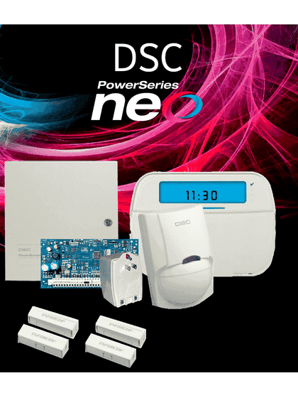 DSC NEO-ICON-SB - Paquete SERIE NEO con panel HS2032 de 8 zonas cableadas expandible a 32/Teclado de Iconos HS2ICN /Sensor PIR LC200s- PI Cableado/2 contactos blancos cableados/Transformador/Gabinete GTVCMX003/Sin Batería/#PLANDEBENEFICIOS #HSDSC