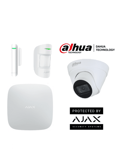 AJAX+DAHUA  Integra KIT  - Paquete de Alarma Inalámbrica AJAX Hub2Plus conexión Ethernet / WiFi / LTE, Sensor PIR , Sensor Magnético y  Cámara Dahua IP Domo de 2 MP Lente de 2.8mm IR de 30 Mts IP67 DWDR. Integración de cámaras Dahua mediante APP AJAX