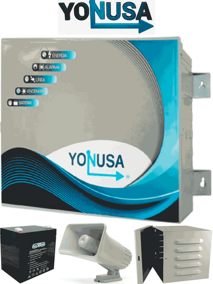 YONUSA EY10000127AFBAT - Paquete de energizador anti plantas o alta frecuencia de 10,00V con hasta 10,000 mts lineales, incluye batería de respaldo de 12VDC a 4.5 AH, sirena de 30W y gabinete metálico