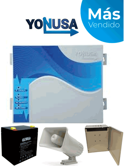 YONUSA EYNG12001BAT - Energizador de nueva generación de12,000 V con hasta 2,500 metros lineales, compatible con modulo Wifi, incluye Sirena de 30W con gabinete metálico y batería de respaldo de 12VDC a 4.5 Ah