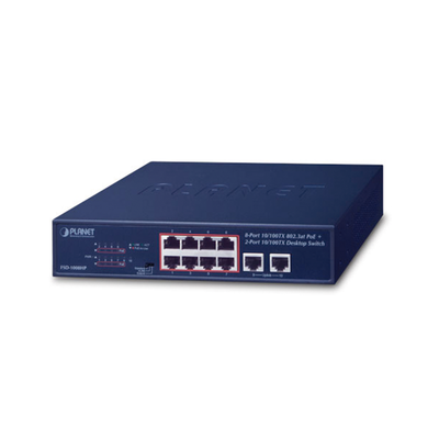 Switch No Administrable de Escritorio y Rack, 8 Puertos Fast Ethernet con  PoE 802.3af/at, 2 Puertos Uplink, Hasta 250 m en Modo Extendido