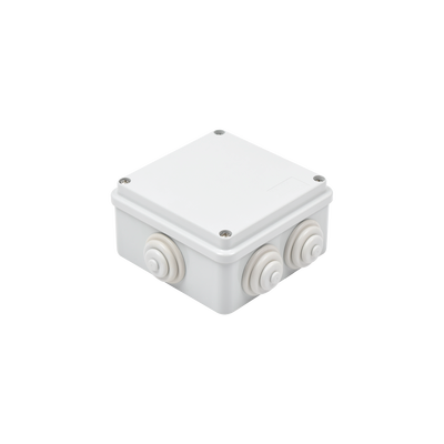 Caja de derivación de PVC Auto-extinguible con 6 entradas, tapa atornillada, 100x100x50 MM, (Medidas internas, mayor área permisible para e cable, Para exterior (IP55)