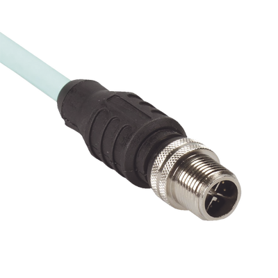 Cable de Conexión IndustrialNet Cat6A, Con Conector Recto M12 X-Code Macho en Ambos Extremos, Blindado SF/UTP, Forro TPO, Color Azul Cerceta, 1 Metro