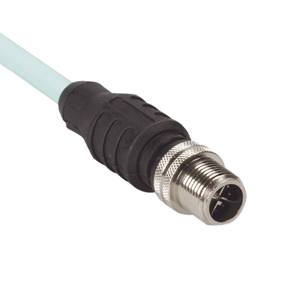 Cable de Conexión IndustrialNet Cat6A, Con Conector Recto M12 X-Code Macho en Ambos Extremos, Blindado SF/UTP, Forro TPO, Color Azul Cerceta, 5 Metros