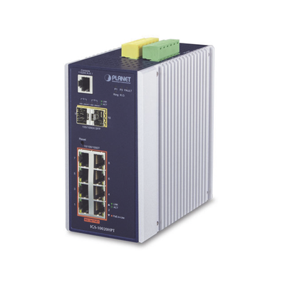Switch Industrial Administrable Capa 2, 8 puertos PoE Gigabit 802.3af/at, 2 Puertos SFP de 1 / 2.5 Gigabit, Entrada de Voltaje Secundaria para Fuente Redundante