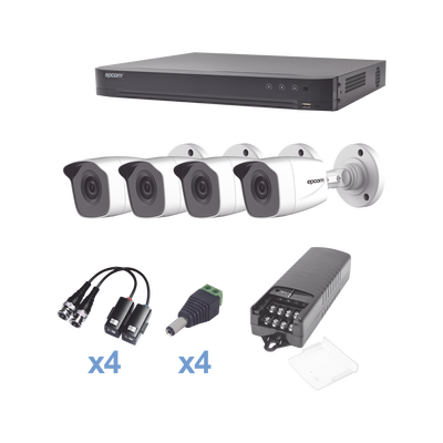 KIT TurboHD 1080p / DVR 4 Canales / 4 Cámaras Bala Metálicas (exterior 2.8 mm) / Transceptores / Conectores / Fuente de Poder Profesional