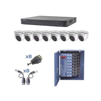 KIT TurboHD 1080p / DVR 8 Canales / 8 Cámaras Eyeball (exterior 2.8 mm) / Transceptores / Conectores / Fuente de Poder Profesional hasta 15 Vcc para Larga Distancia