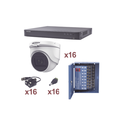 KIT TurboHD 1080p / DVR 16 Canales / 16 Cámaras Turret con Audio Integrado (Exterior 2.8 mm) / Transceptores / Conectores / Fuente de Poder Profesional