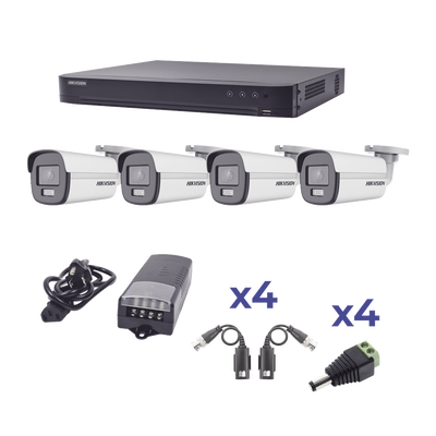 KIT COLORVU TURBOHD 1080p / DVR 4 Canales / 4 Cámaras Bala (exterior) lente 2.8mm / Fuente de poder profesional / Transceptores de video y Accesorios de corriente