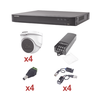 KIT TurboHD 1080p / DVR 4 Canales / 4 Cámaras Turret (Exterior IP67) / Transceptores / Conectores / Fuente de Poder Profesional