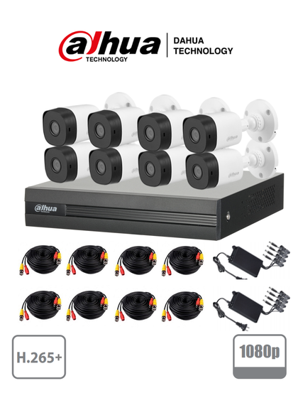 DAHUA COOPER XVR1B08KIT - Kit 8 canales 2 megapixeles/ 2 Ch IP adicionales/ 8 Camaras B1A21  1080p/ DVR De 8 canales H.265+1080p Lite 8+2/ Accesorios