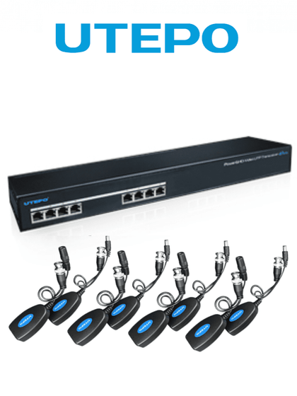 UTEPO UTP108PVHD2 - Kit de Transceptores de Video y Energía para 8 Canales/ Receptor de 8 Canales 1080p Hasta 200 Metros/  Incluye 8 Transceptores para Cámaras de Hasta 1080p/ Envía Video y Energía en un Solo Cable UTP/
