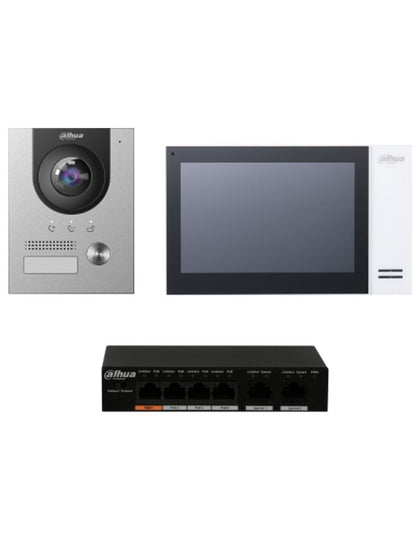 DAHUA KTP01(S) - Kit de Videoportero IP con Frente de Calle metálico, Monitor y Switch POE/  Pantalla LCD Touch de 7