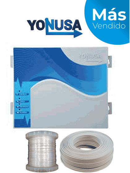 YONUSA EYNG12001AYC - Paquete de energizador nueva generación de 12,000V y 2,500 metros lineales, incluye bobina de alambre de Aluminio de 500 mts. y rollo de cable bujía de 50 mts.