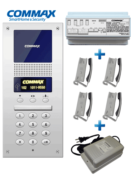 COMMAX AUDIOGATE4P - Paquete de audio portero con 4  auriculares AP2SAG para 4 departamentos/ Comunicación por audio, conexion a 2 hilos/ Incluye distribuidor de 4 equipos y fuente de alimentacion de 24VDC