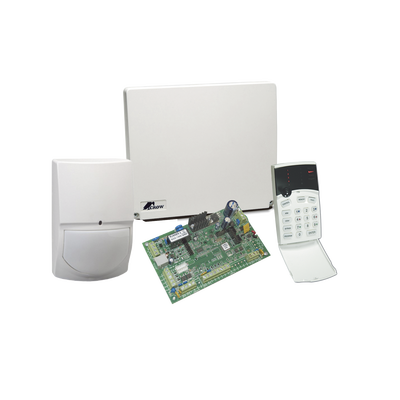 Panel de alarma híbrido de 4 a 8 zonas, soporta zonas inalámbricas, funciones de control de acceso, incluye teclado de leds y detector de movimiento SWANQUAD