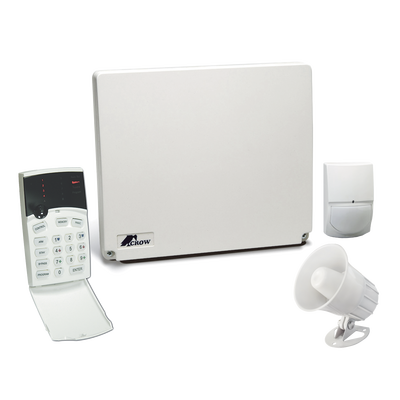 Kit de alarma 4-8 zonas con teclado de iconos, 1 detector de movimiento digital, transformador y sirena de 15 WATTS.