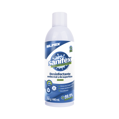 Sanitizante en spray, formulado para desinfectar las superficies en el hogar, oficinas, escuelas, hospitales, clinicas, gimnasios y fabricas, presentación 440 ml