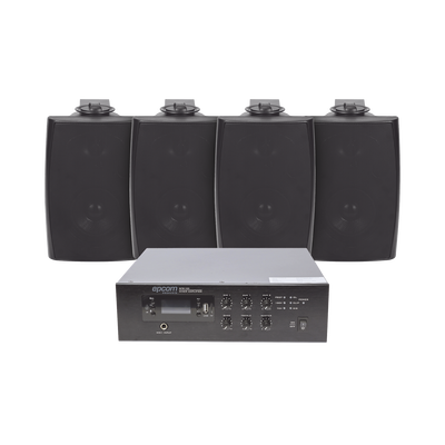 KIT de Amplificador de 120W para Escritorio | 4 Altavoces de Pared color Negro 2.5W - 20W | Sistema 70/100V