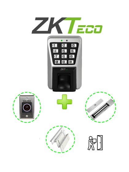 ZKTECO MA500PAK - Control de Acceso Profesional de Huella / Tarjeta y Password para Exterior con IP65 /  Incluye Contrachapa Magnética LM2805 de 200Kg / Soporte de Fijación ZL / Botón de Salida No Touch