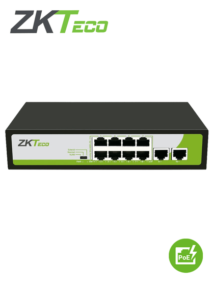 ZKTECO PE082120C- Switch de 8 Puertos Fast Ethernet PoE AF - AT / 2 Puertos RJ45 10/100M / PoE+ hasta 30W por puerto / Soporta hasta 250 mts sobre UTP CAT 6 / Autoadaptación MDI - MDIX / Protección Contra Descargas