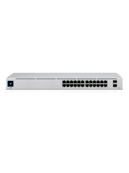 UBIQUITI USW-24 UniFi Switch, Capa 2 de 24 puertos 10/100/1000 Mbps + 2 puertos 1G SFP, pantalla informativa