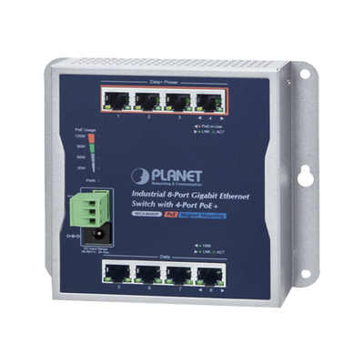 Switch Industrial de Pared de 8 Puertos Gigabit (4 Puertos PoE+ 802.3at 120W y 4 Eth Gigabit)