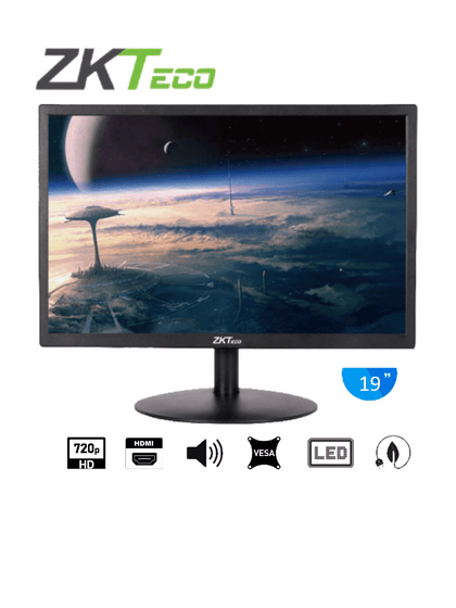 ZKTECO ZD192K - Monitor LED HD de 19 pulgadas / Resolución 1440 x 900 / 1 Entrada de video HDMI y 1 VGA / Altavoces Incorporados / Ángulo de Visión Horizontal 170° /  Soporte VESA / Operación 24/7 / Incluye Cable HDMI /