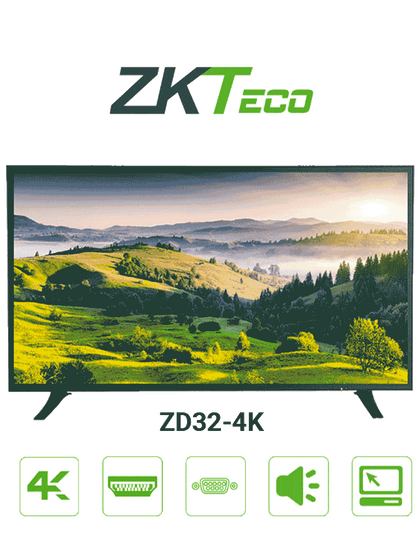 ZKTECO ZD324K - Monitor LED UHD Profesional de 32 pulgadas / Resolución 3840 x 2160 / 3 Entradas de video HDMI y 1 VGA / Altavoces Incorporados / Ángulo de Visión Horizontal 170° /  Soporte VESA / Operación24/7 /  Incluye Cable HDMI