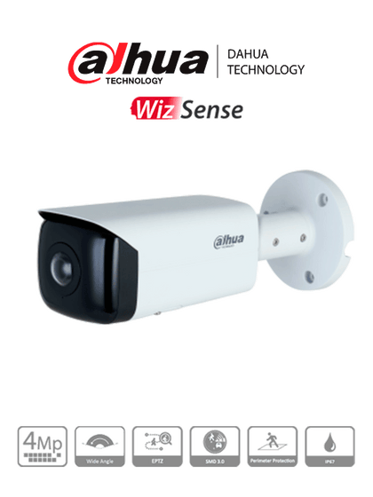 DAHUA IPC-HFW3441T-AS-P - Cámara IP bullet panorámica resolución de 4 MP/ Lente 2.1 mm/ ∢ 180°/ IR 20 mts/IA WizSense/Detección de Movimiento Inteligente/ Protección Perimetral / Starlight / PoE / WDR/ H.265+/ IP67/ Micrófono / E&S Alarma #Pano180